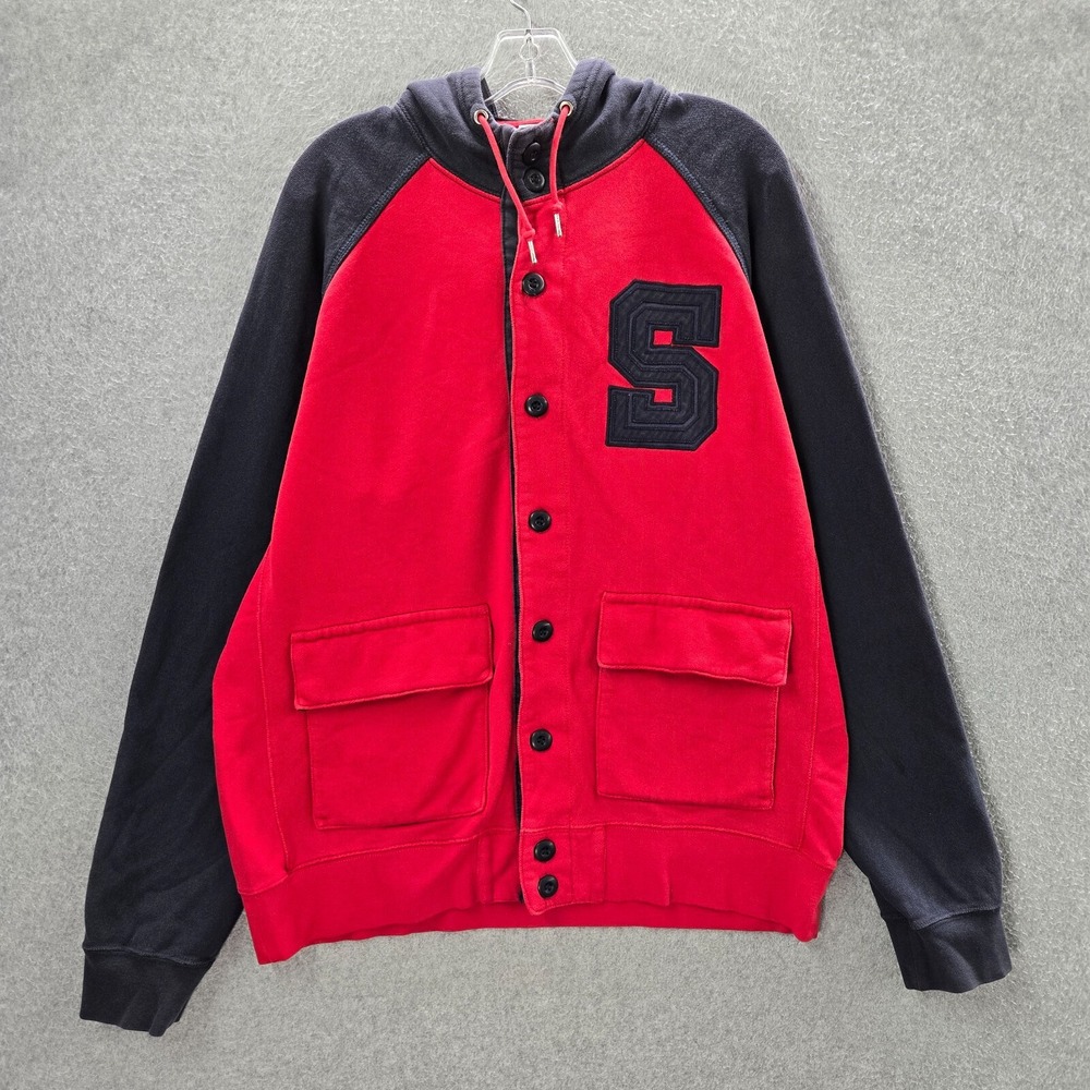 VINTAGE Nike Men Varsity Jacket Large Red Black Button Up Hoodie Drawstring